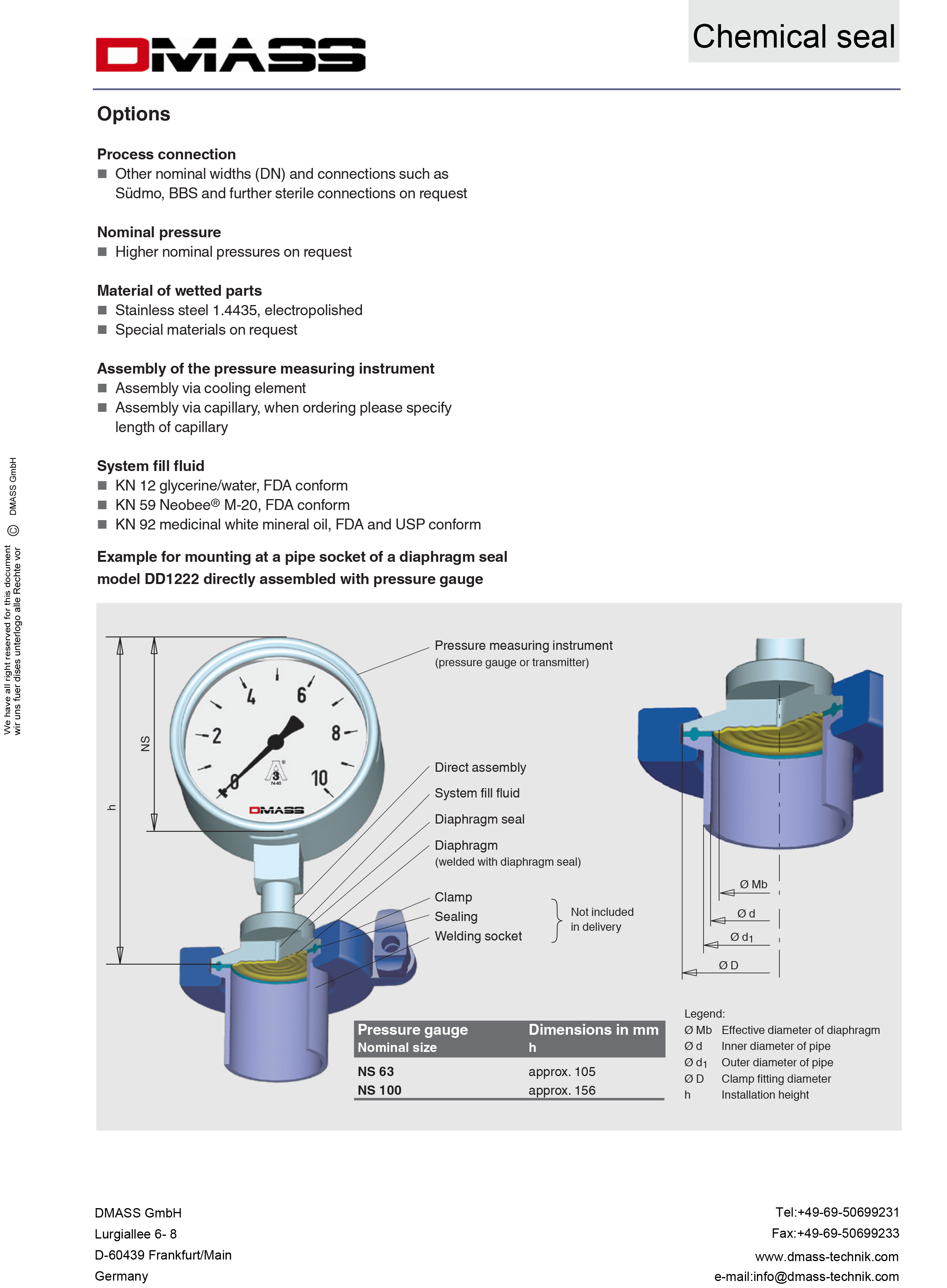DMASS Model DD1222 Bourdon Tube Pressure Gauge pneuma
