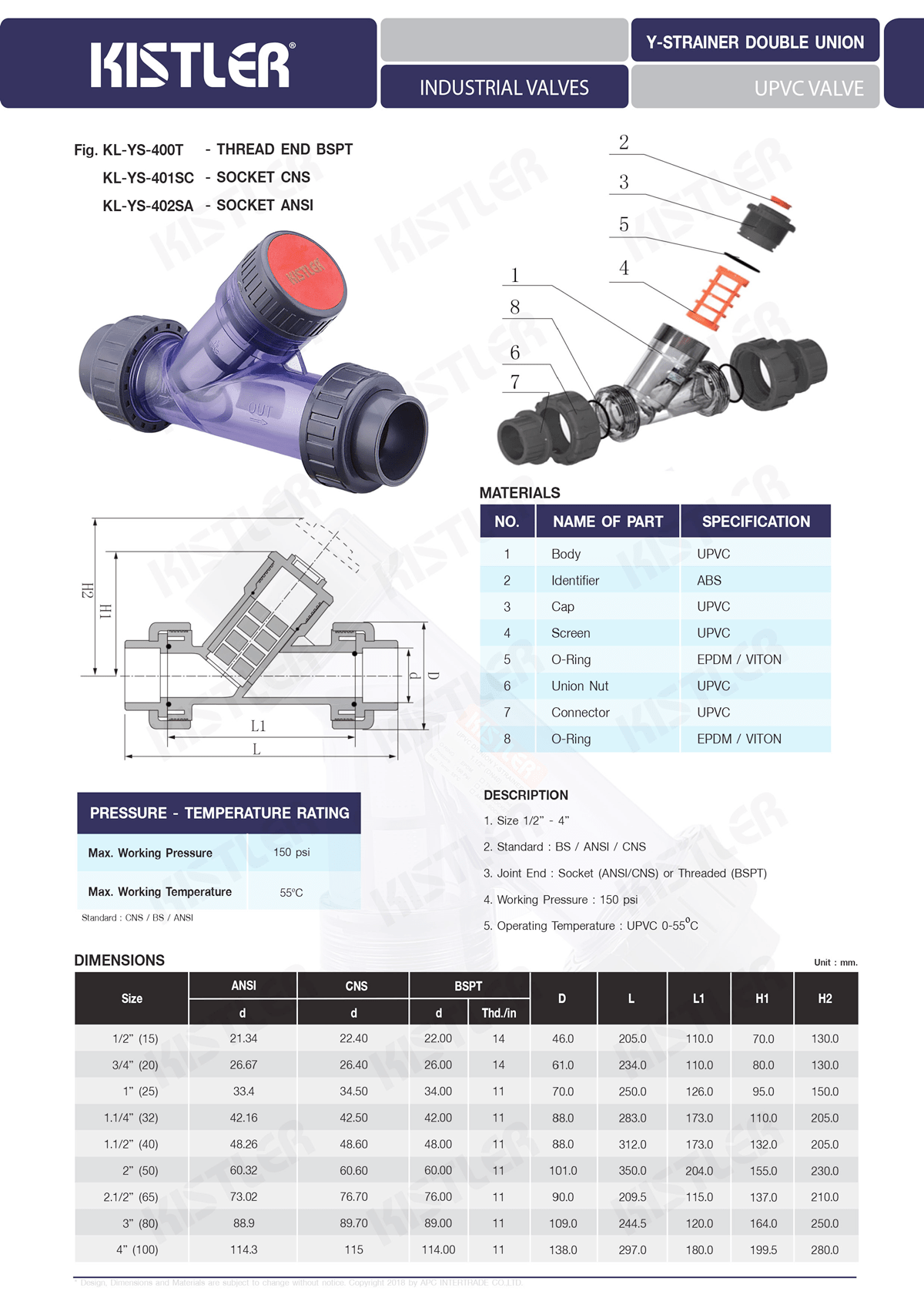 KISTLER MODEL KLYS YSTRAINER DOUBLE UNION UPVC pneuma