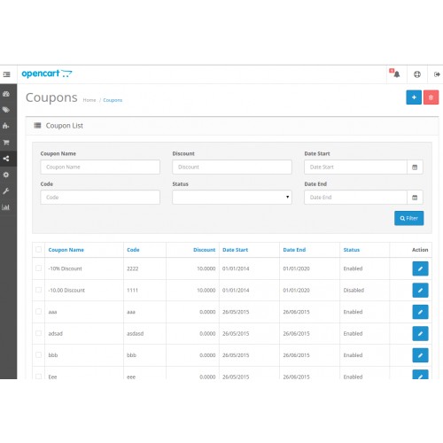 OpenCart Admin Coupon Filters