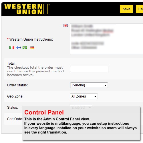OpenCart Western Union Payment