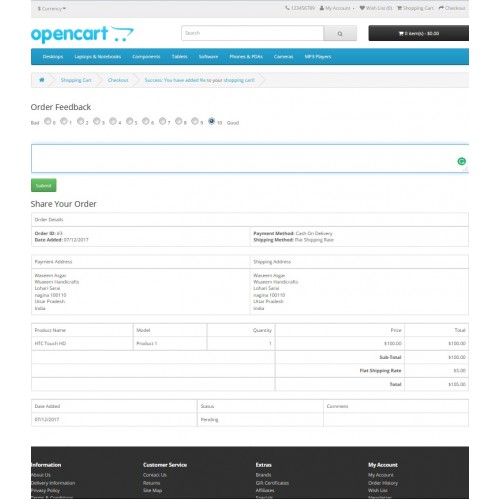 OpenCart Rate Order, Order History, Coupon , Product on Success page.