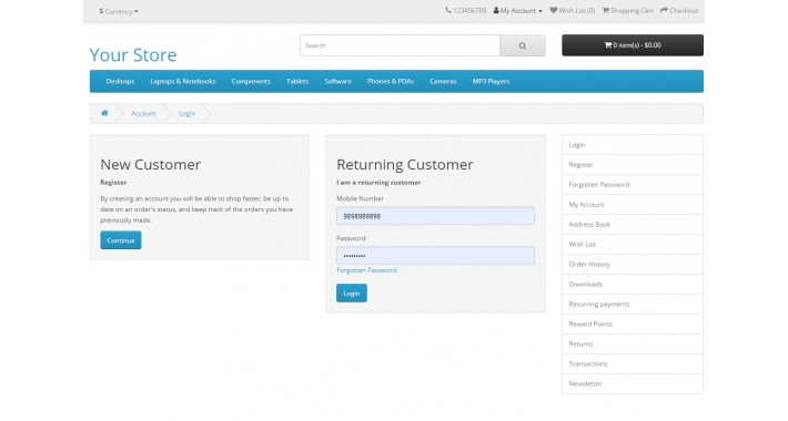 OpenCart Login with Email id/mobile number
