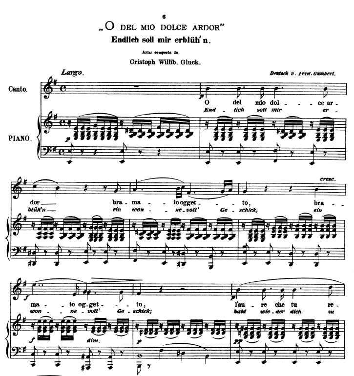 O del mio dolce ardor, Medium Voice in E Minor, C W Glück. Caecilia, Ed