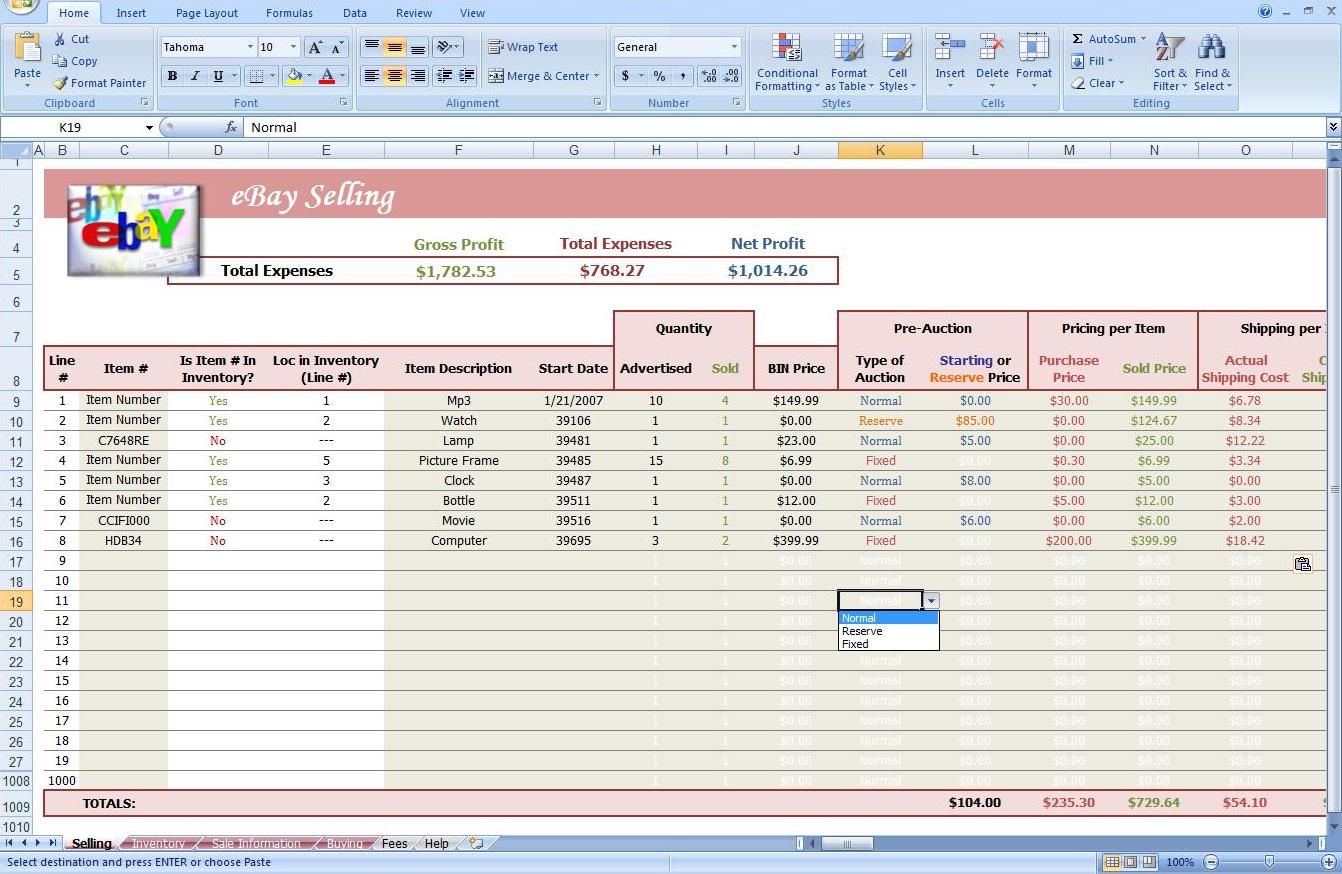 eBay Auction Spreadsheet Track Profit & Inventory Software
