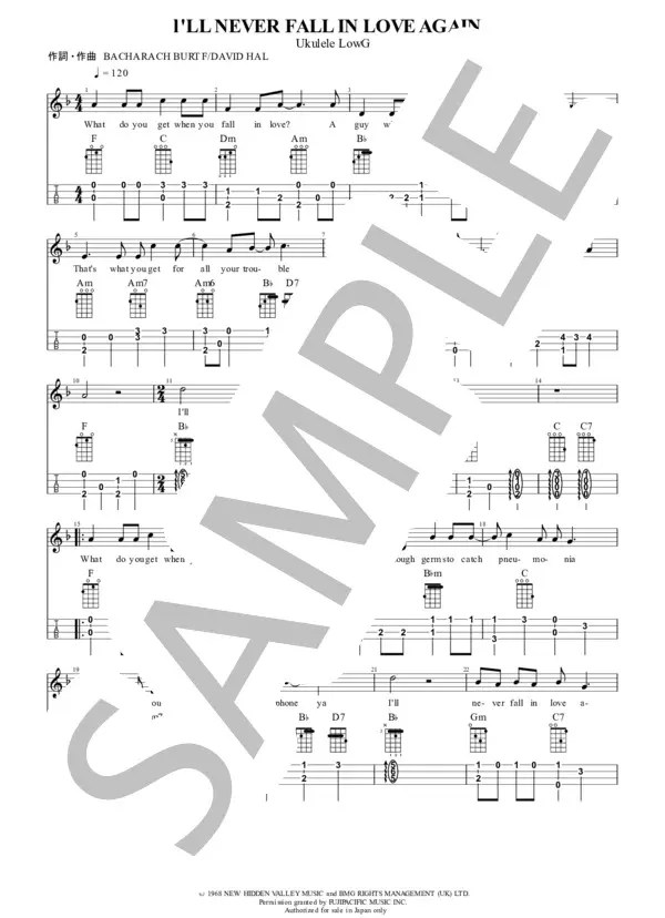 【楽譜】I LL NEVER FALL IN LOVE AGAIN / バート・バカラック (ウクレレソロ / 入門〜初級