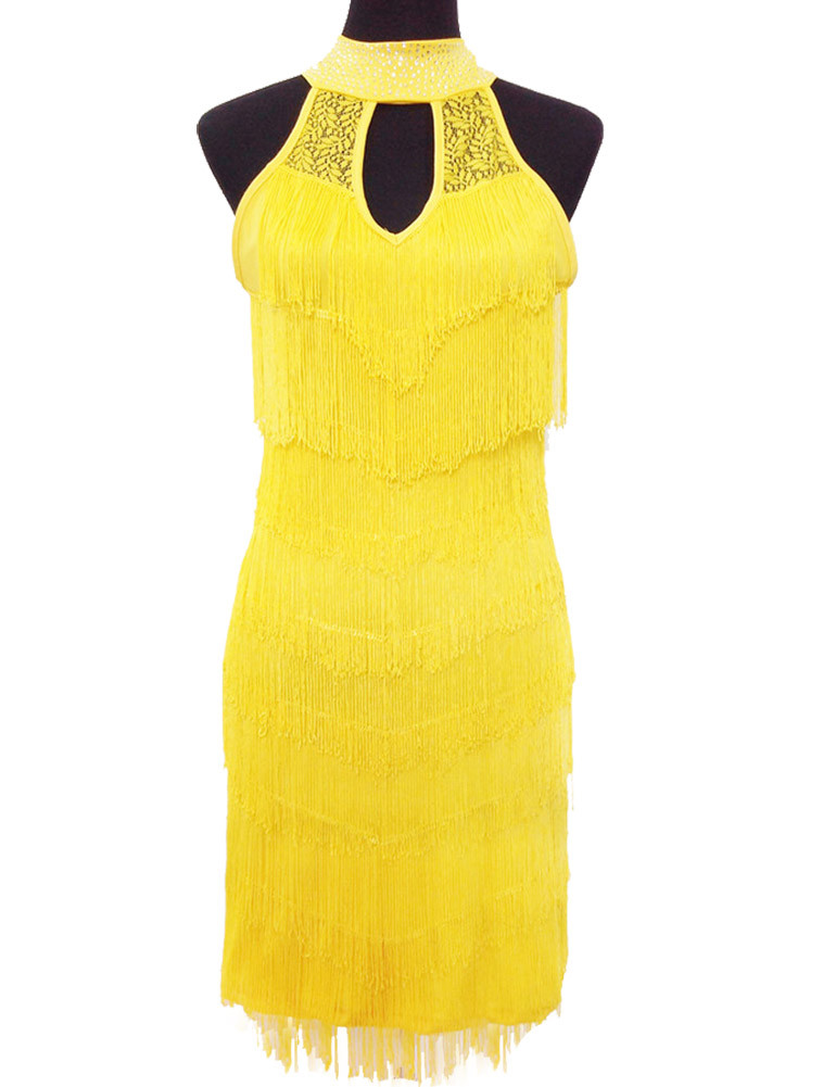 Yellow Tiered Fringed Lace Flapper Tassel Dress PrettyGuide