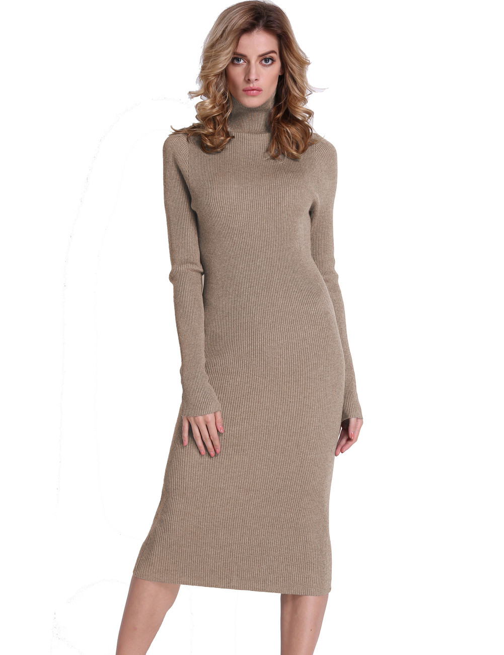 Ribbed Turtleneck Midi Length Sweater Dress Light Camel PrettyGuide