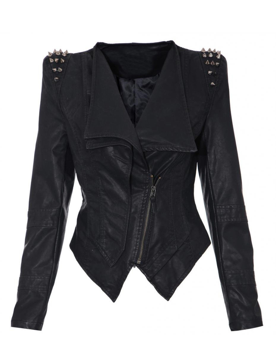 Women Studs Shoulder Pads Faux Leather Black Biker Blazer Jacket