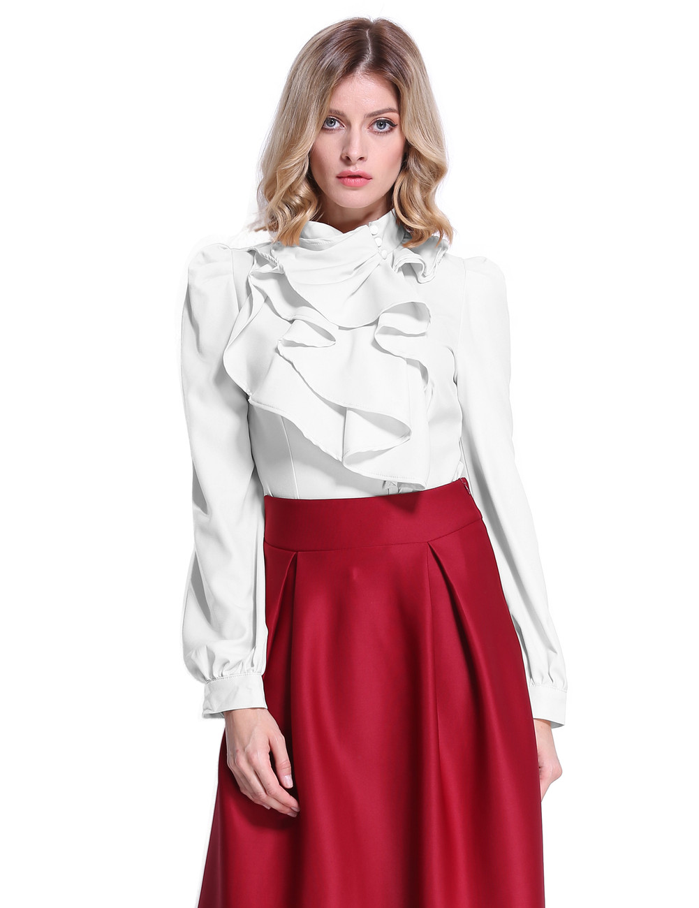 Standup Collar Office Irregular Ruffle Multilayers Blouse White