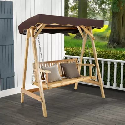 2 Person Wooden Garden Canopy Swing A-frame With Weather-resistant Canopy