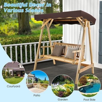 2 Person Wooden Garden Canopy Swing A-frame With Weather-resistant Canopy
