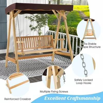2 Person Wooden Garden Canopy Swing A-frame With Weather-resistant Canopy