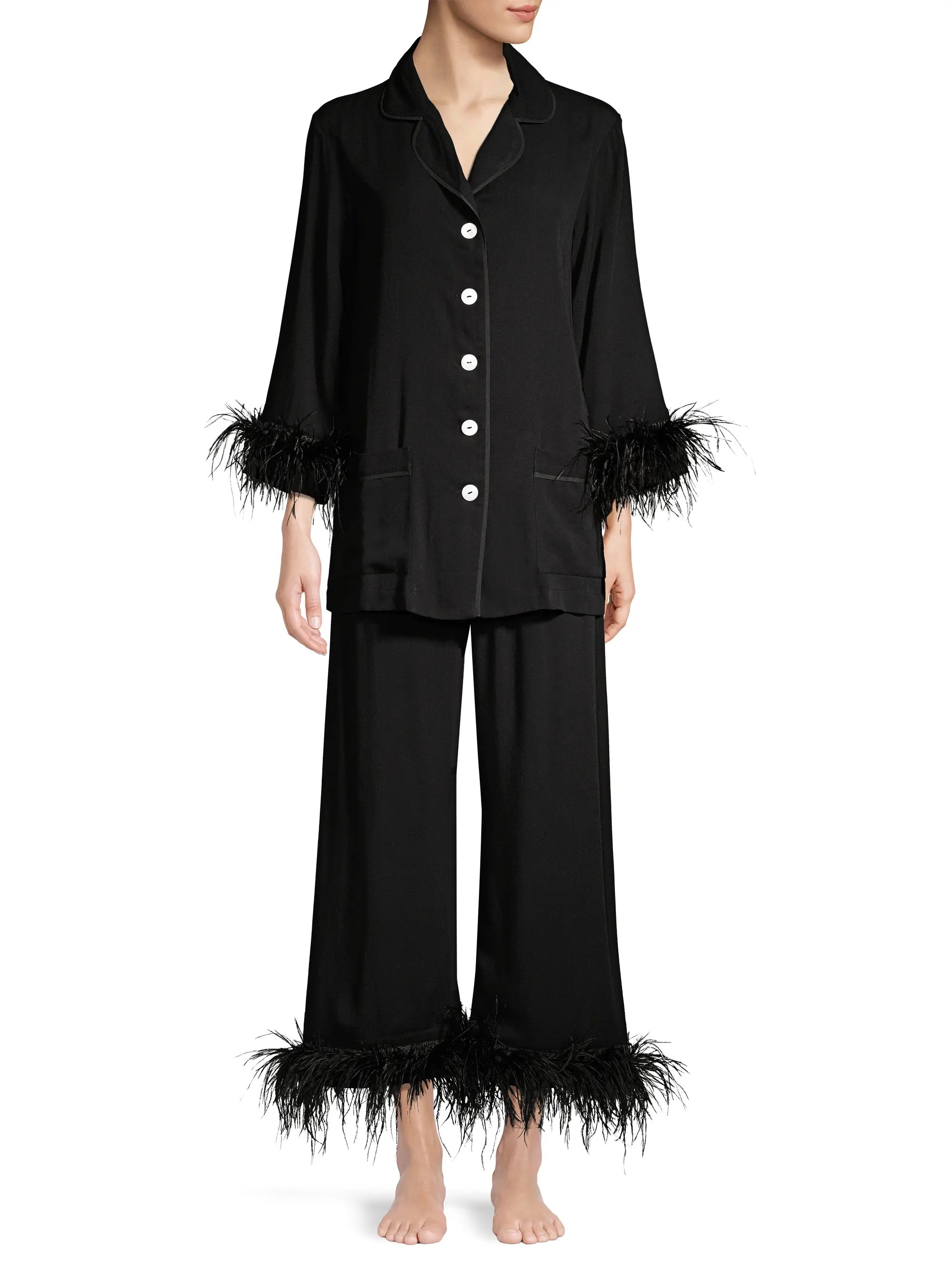 Sleeper 2Piece Black Tie Feather Trim Pajama Set SaksFifthAvenue