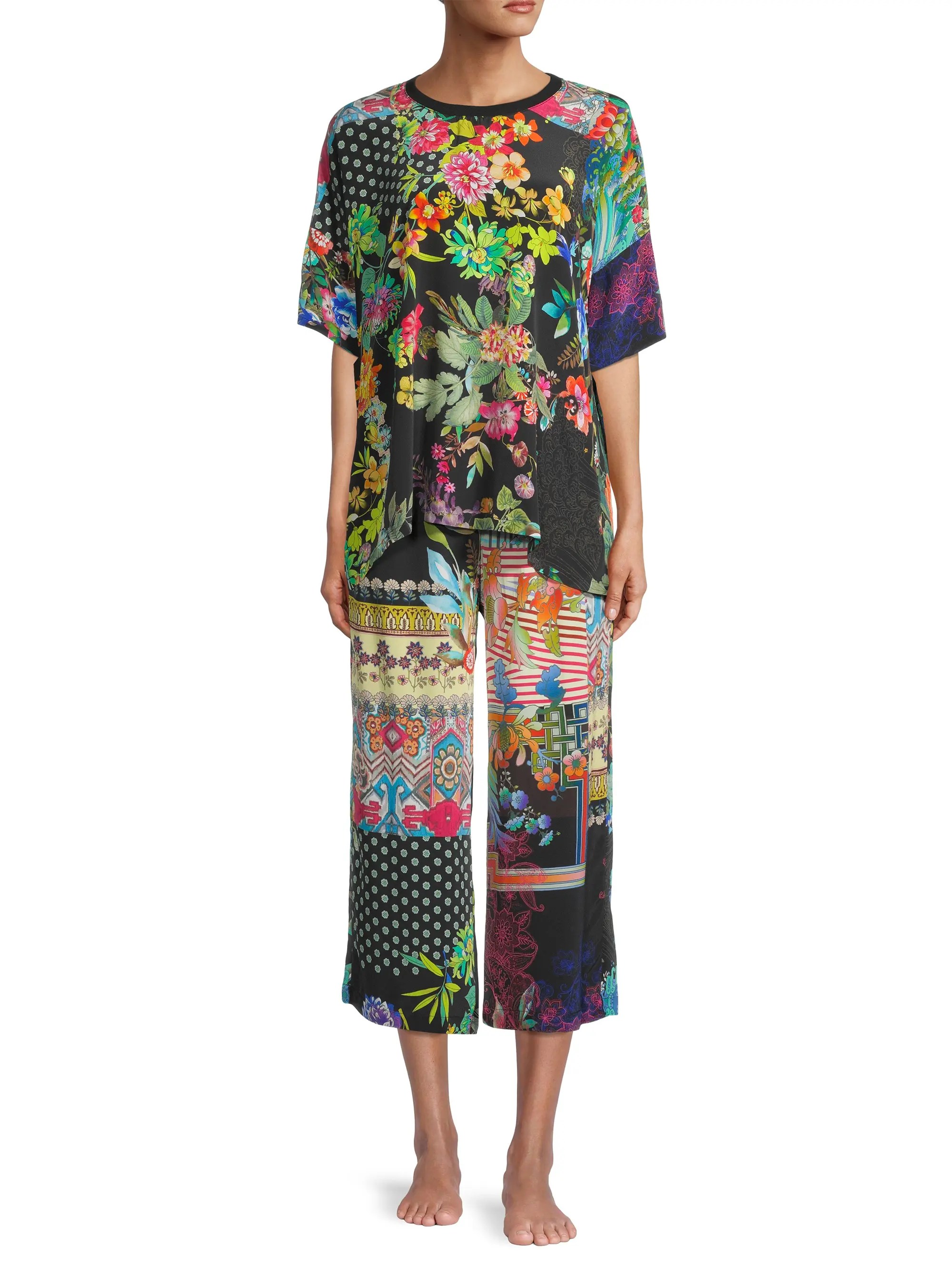 Shop Johnny Was Jailyn Floral Silk 2Piece TShirt & Pants Pajama Set
