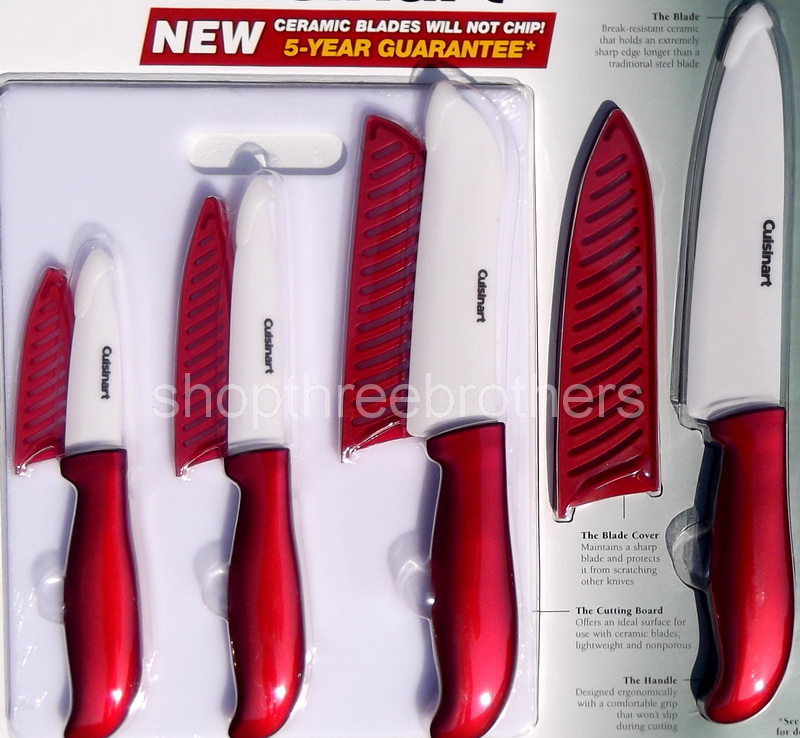 New Cuisinart 9 pc Red Ceramic Knife Set Paring Chef Santoku + Cutting