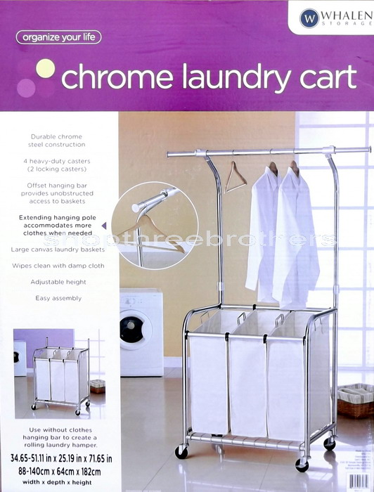 New Rolling Laundry Cart 3 Bag Sorter with Clothes Hanging Bar & Canvas