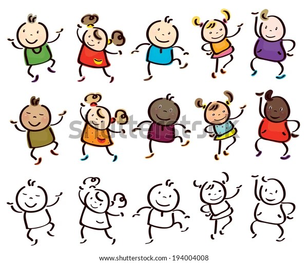 Vector fun, dancing kids cartoons isolated.