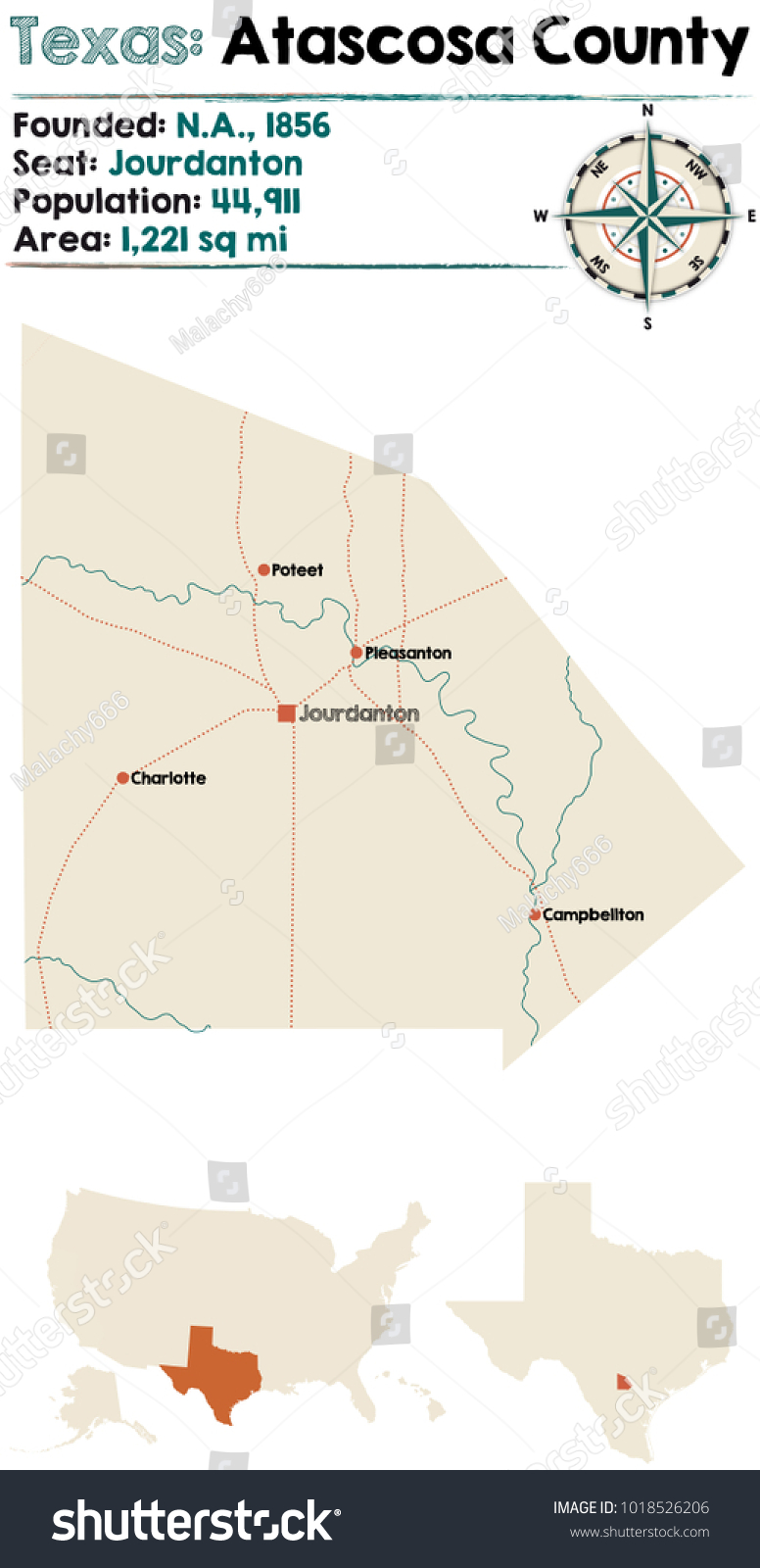 Detailed map of Atascosa county in Texas, USA Royalty Free Stock