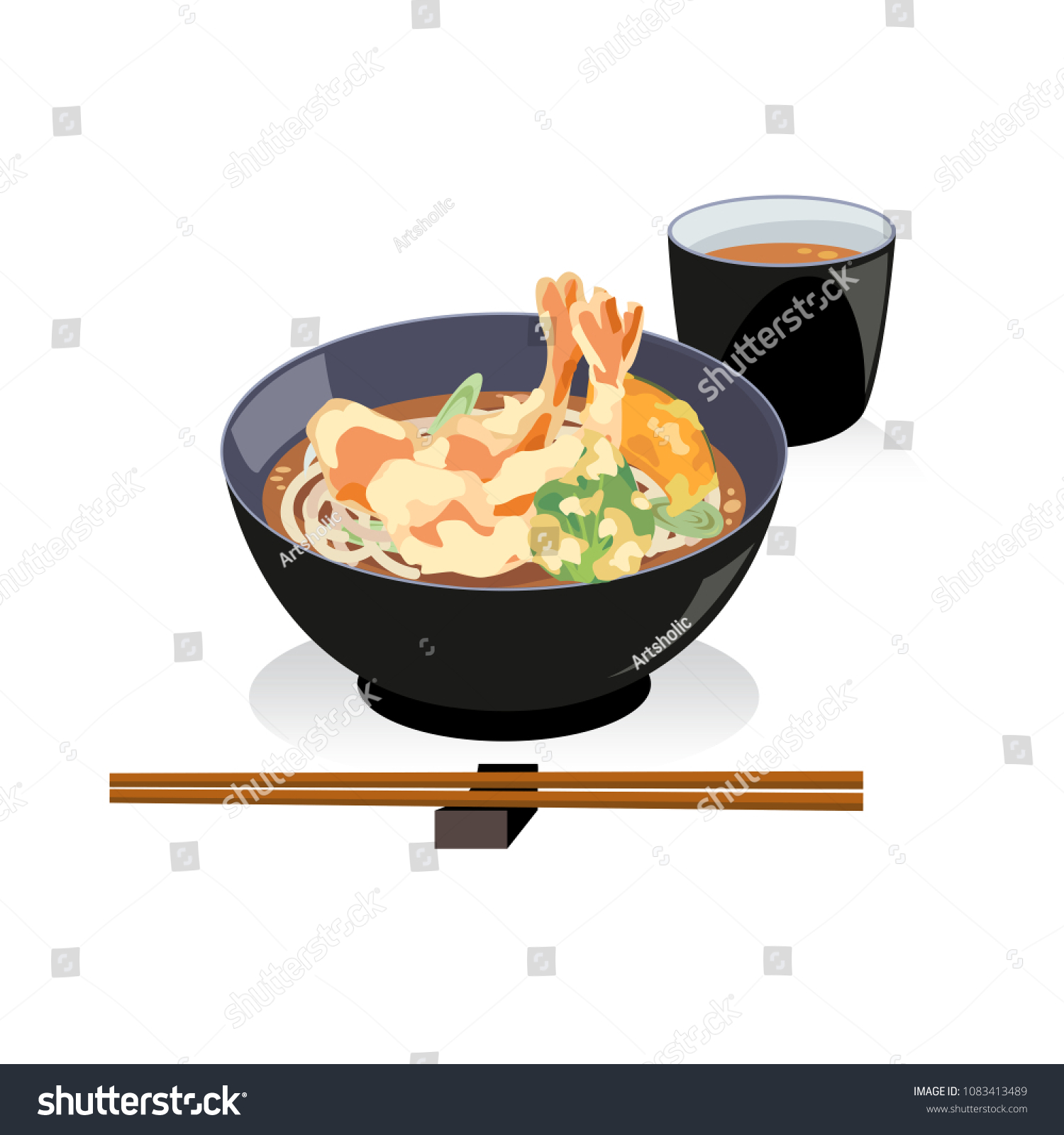Udon set , a bowl of tempura soba and hot tea. Royalty Free Stock