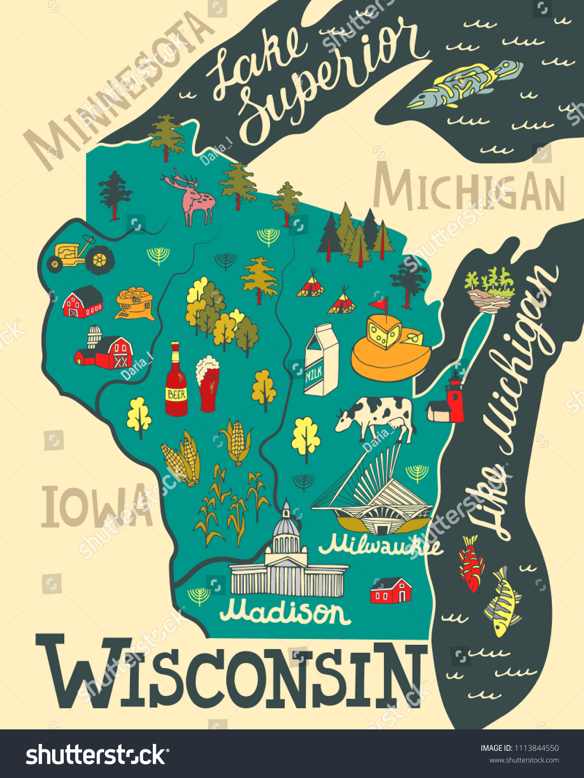 Illustrated map of Wisconsin, USA. Travel and Royalty Free Stock