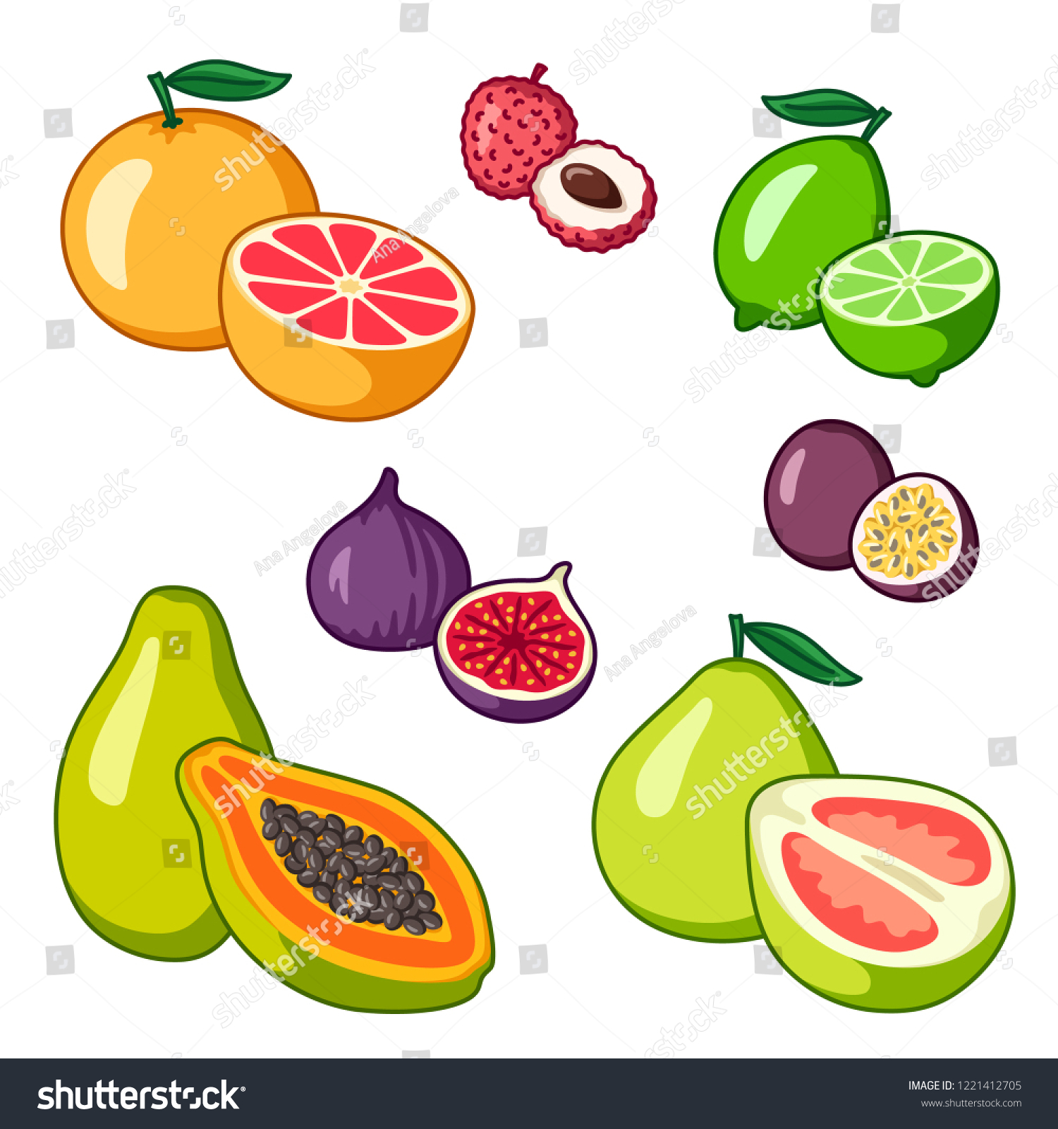 Set of exotic fruits clipart, tropical fruits Royalty Free Stock Vector 1221412705