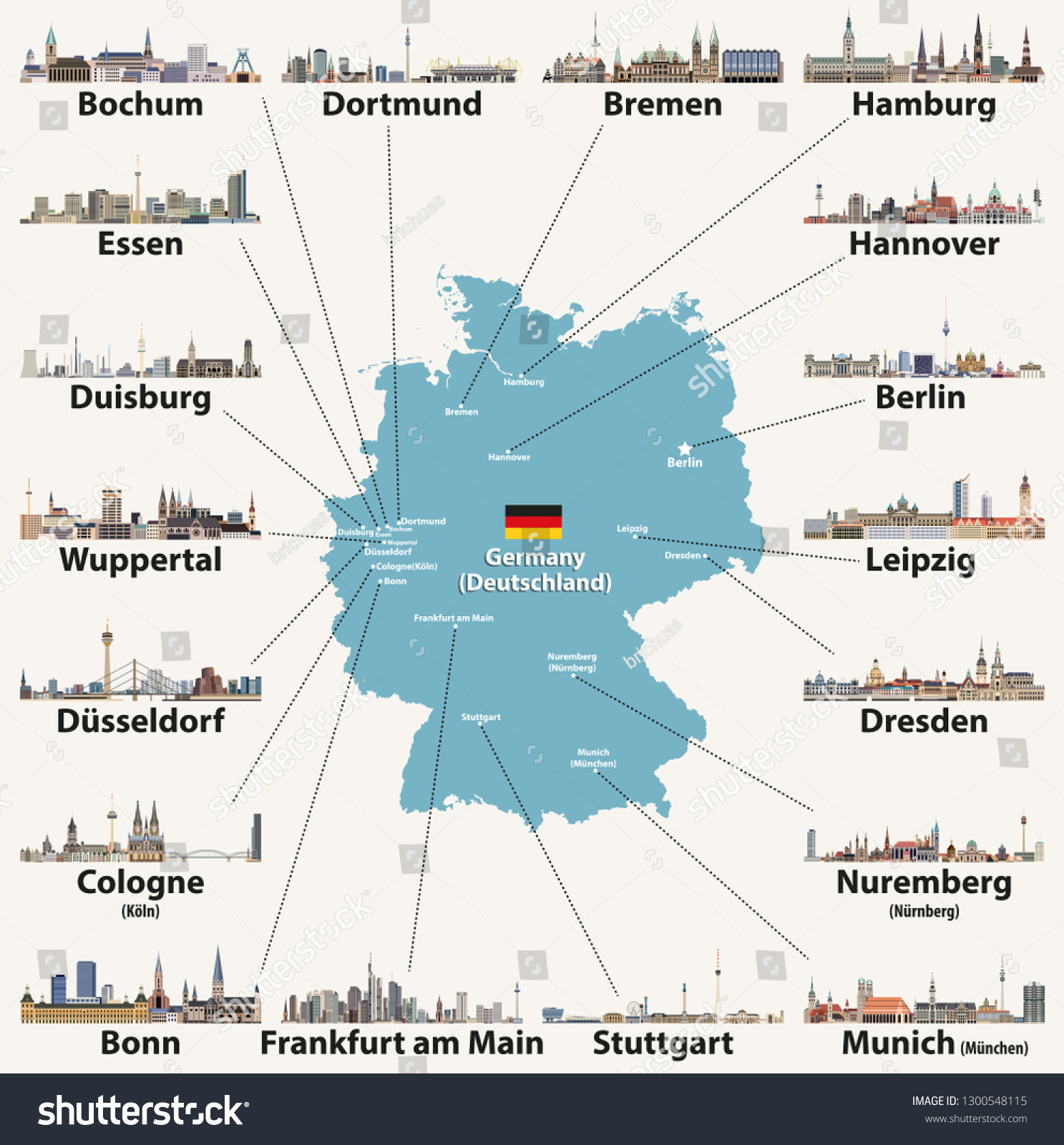 Germany map with largest cities skylines icons. Royalty Free Stock
