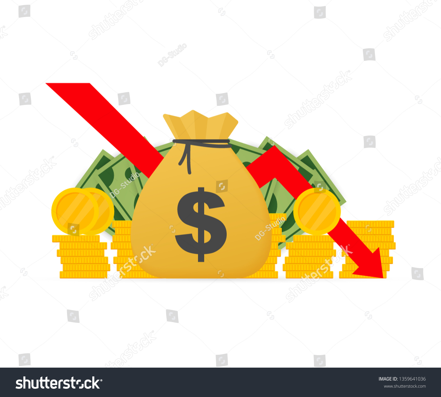 Money loss. Cash with down arrow stocks graph, Royalty Free Stock