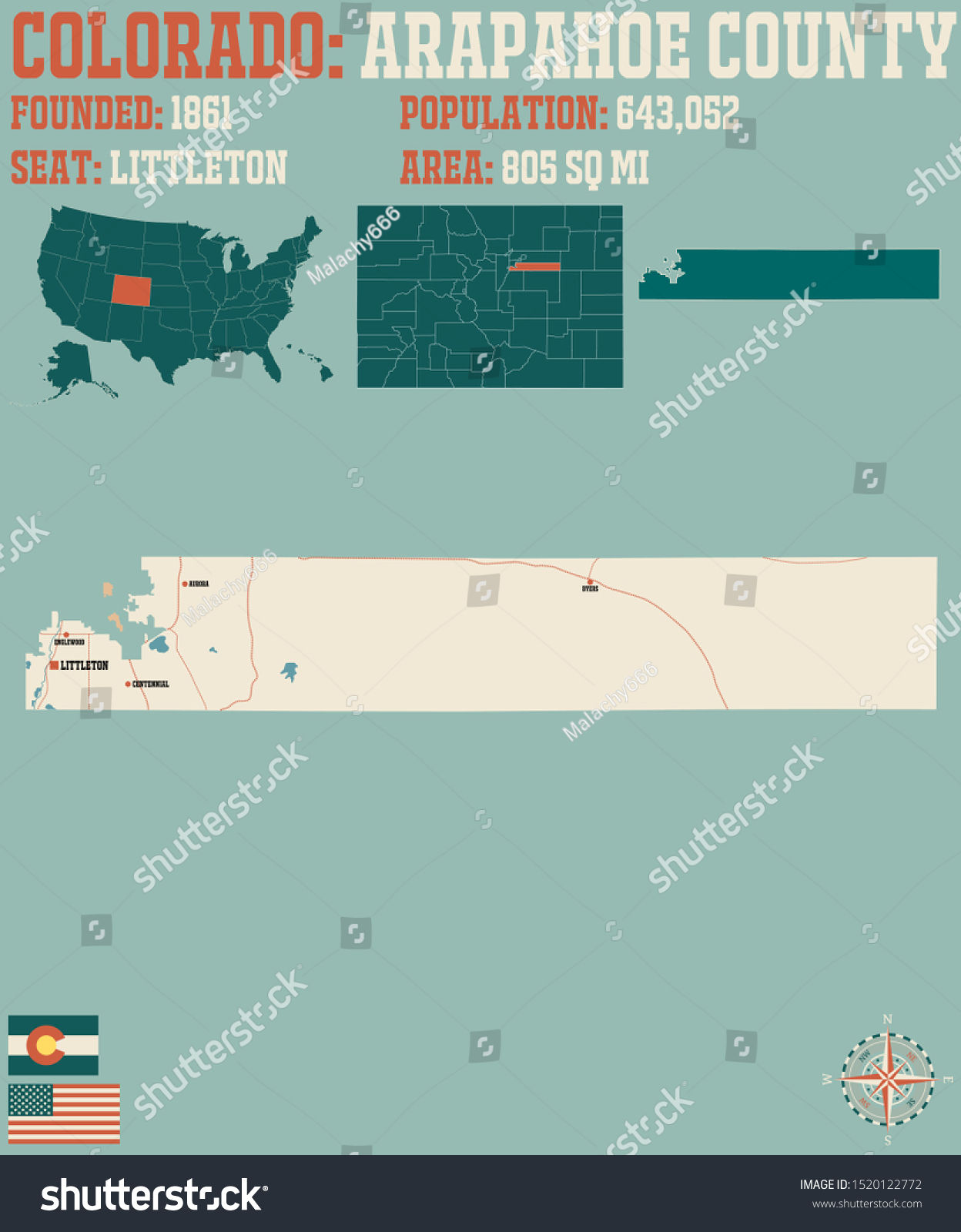 Large and detailed map of Arapahoe county in Royalty Free Stock
