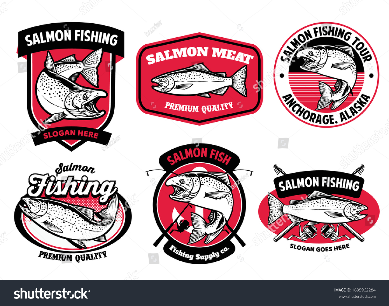 set bundle of salmon fishing badge set Royalty Free Stock Vector 1695962284