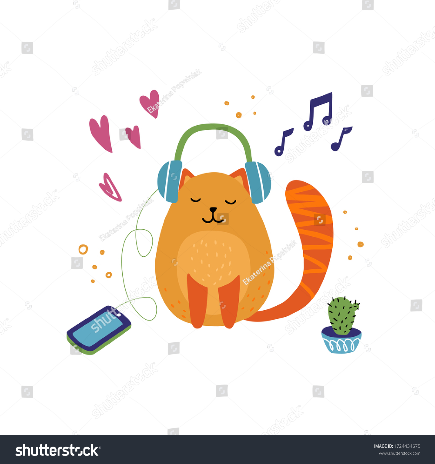 Cat listening to music. Hand draw Vector Royalty Free Stock Vector