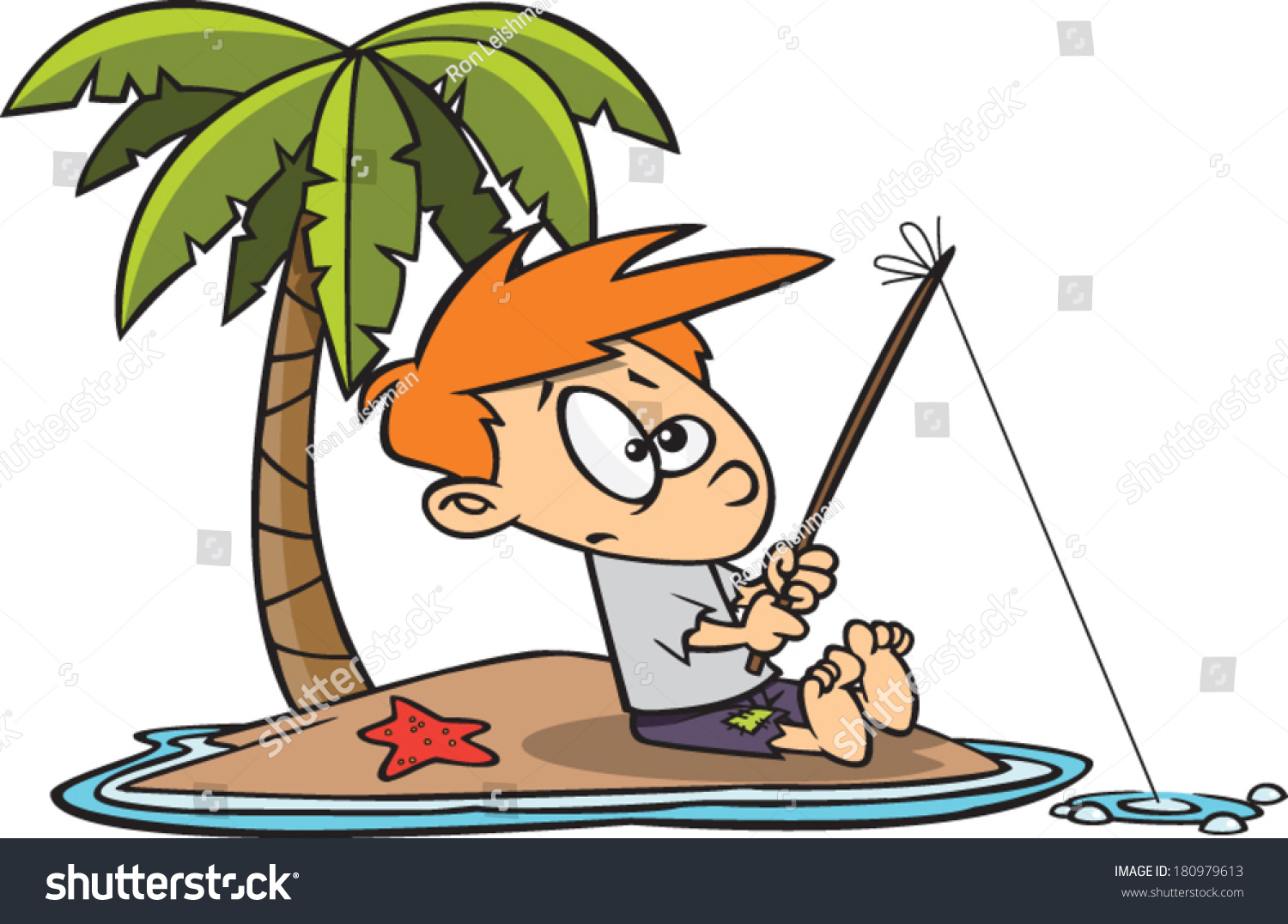 cartoon kid fishing on a deserted island Royalty Free Stock Vector 180979613