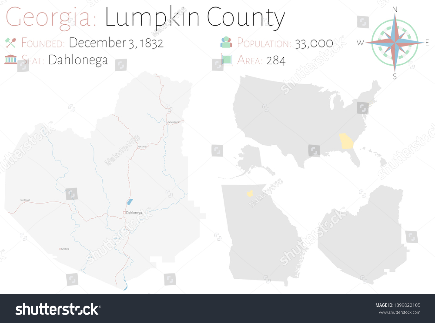 Large and detailed map of Lumpkin county in Royalty Free Stock Vector