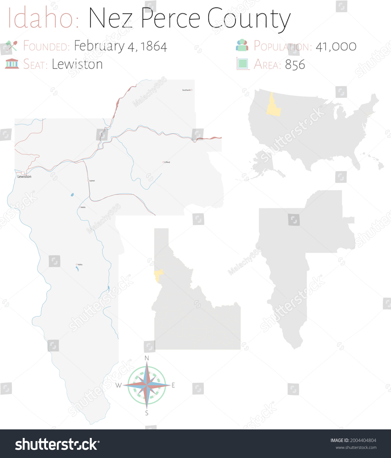 Large and detailed map of Nez Perce county in Royalty Free Stock