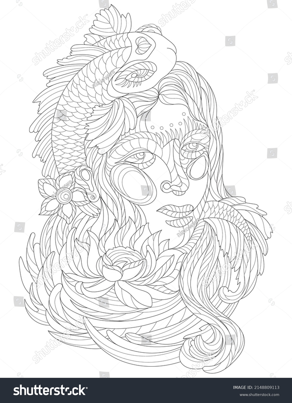 Vector line drawing girl flower crown flowy hair Royalty Free Stock