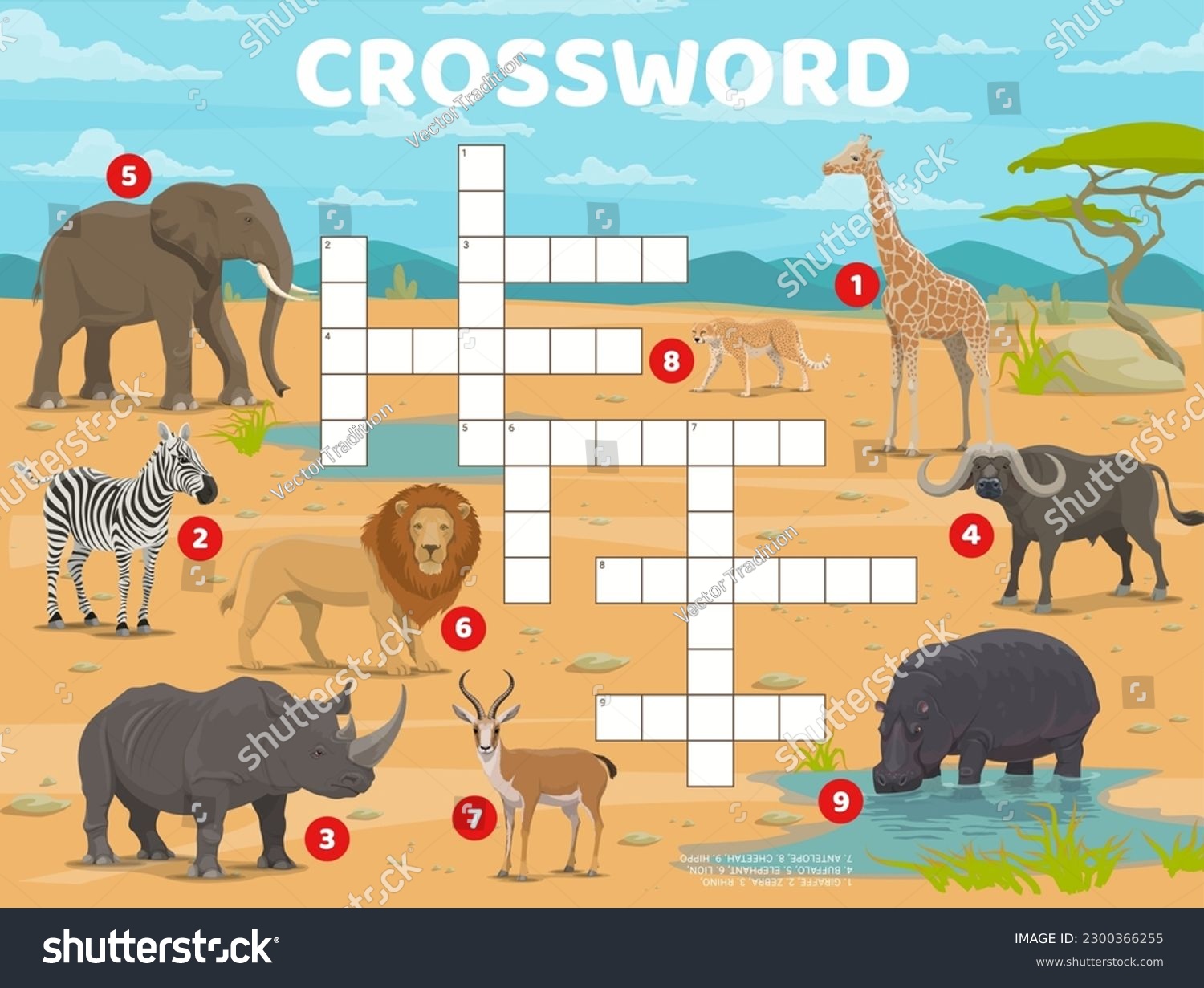 Crossword quiz game. Cartoon African savannah Royalty Free Stock