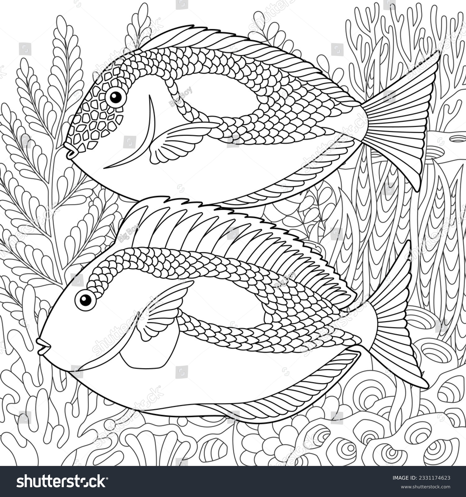Blue tang fishes coloring page. Outline sea Royalty Free Stock Vector
