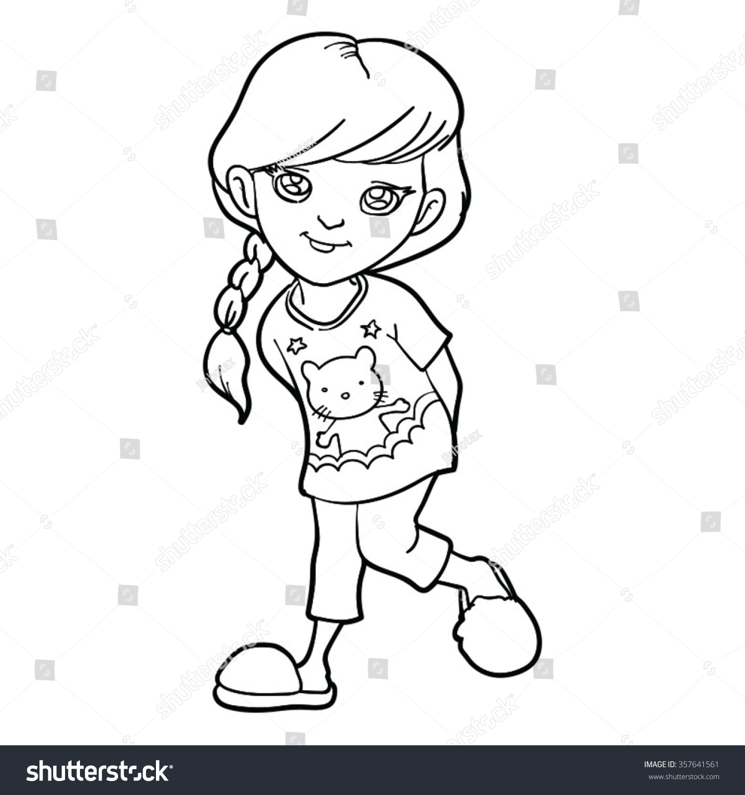 cute happy girl cartoon black and white ,line Royalty Free Stock