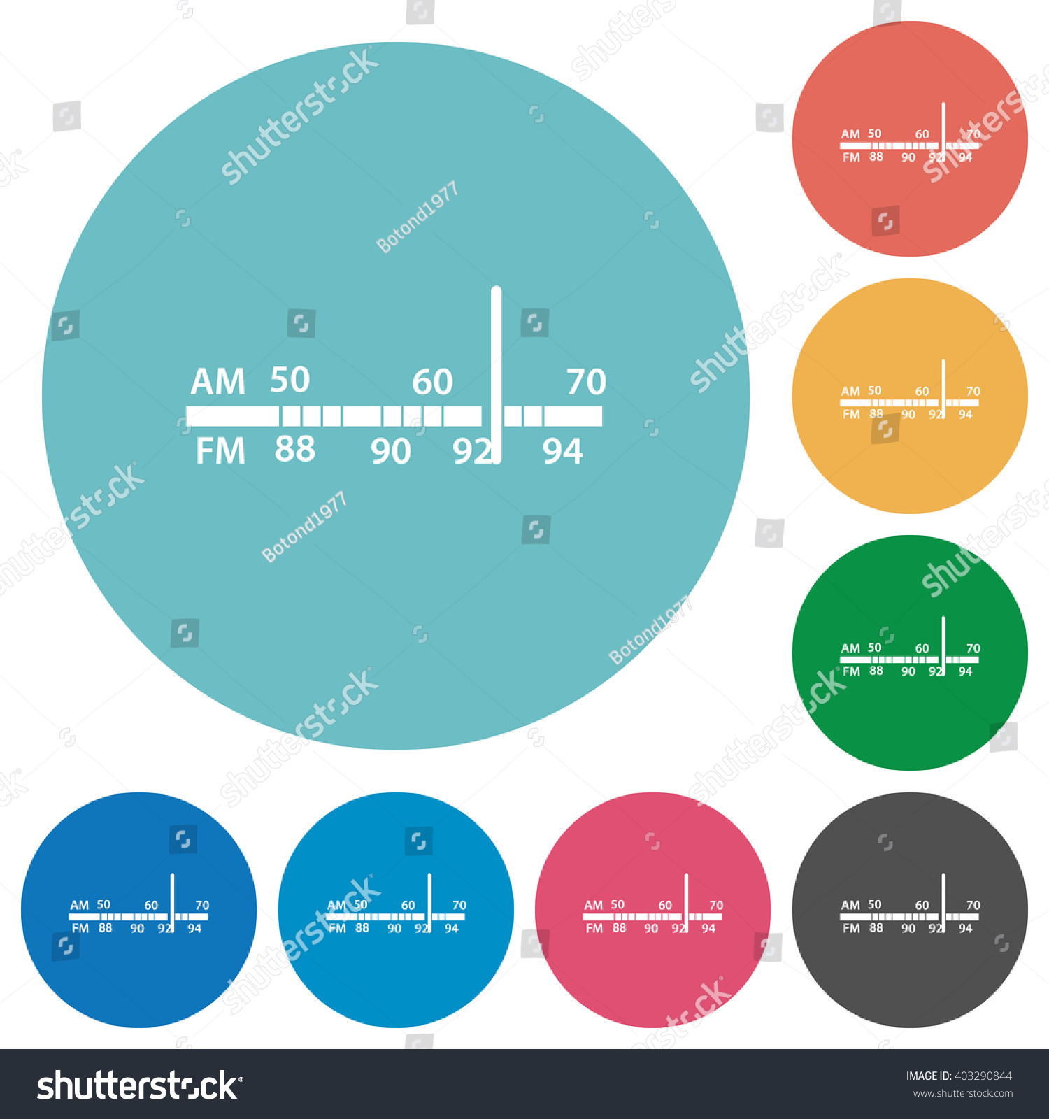 Flat radio tuner icon set on round color Royalty Free Stock Vector