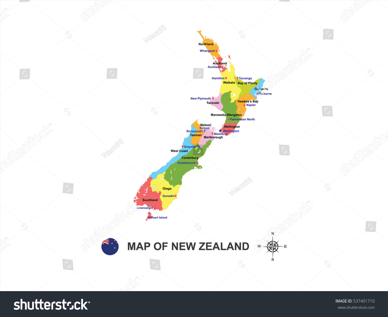 Colorful map of New Zealand with names on white Royalty Free Stock Vector 537401710