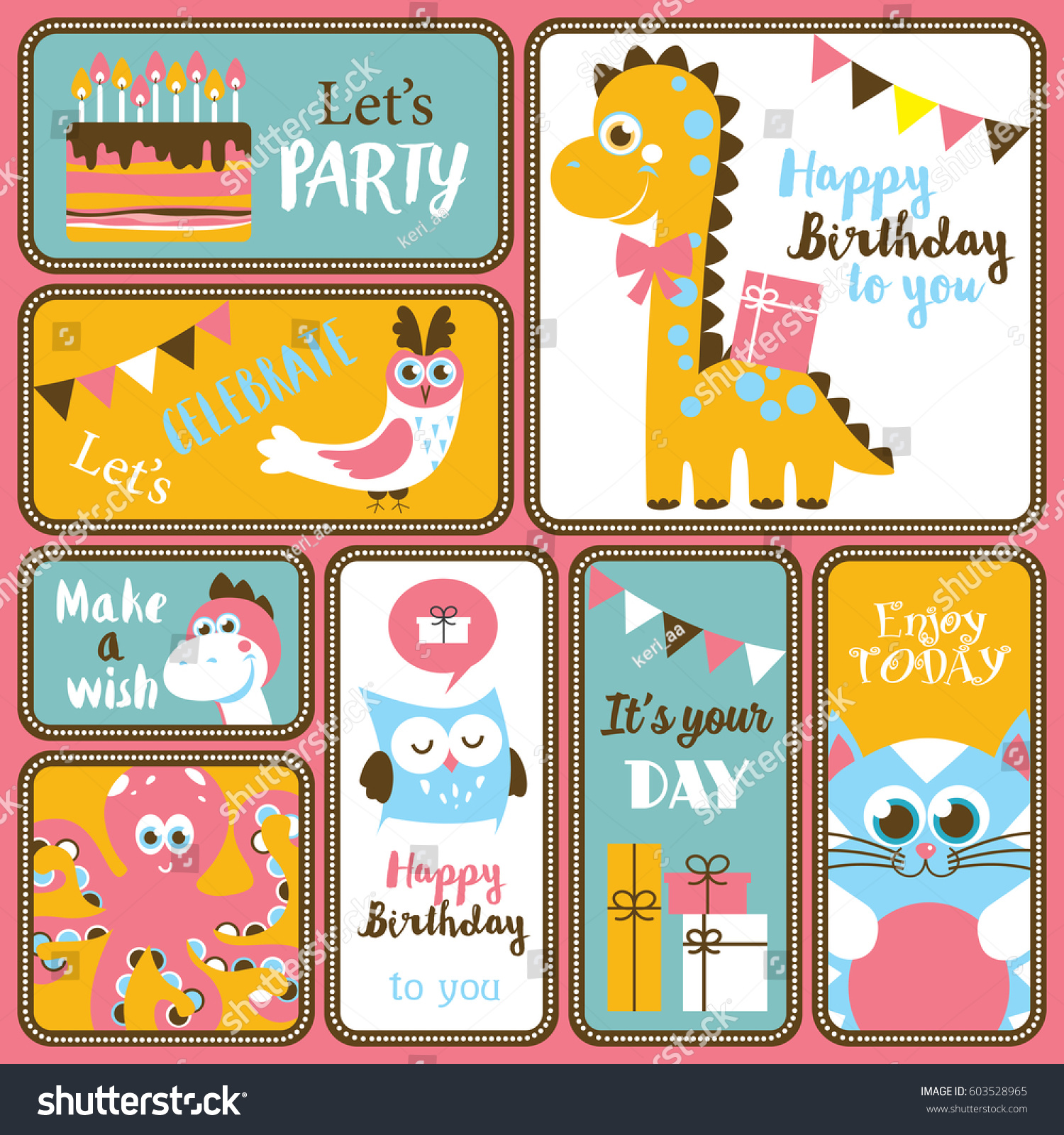 Cute Happy Birthday stickers set. Vector Royalty Free Stock Vector