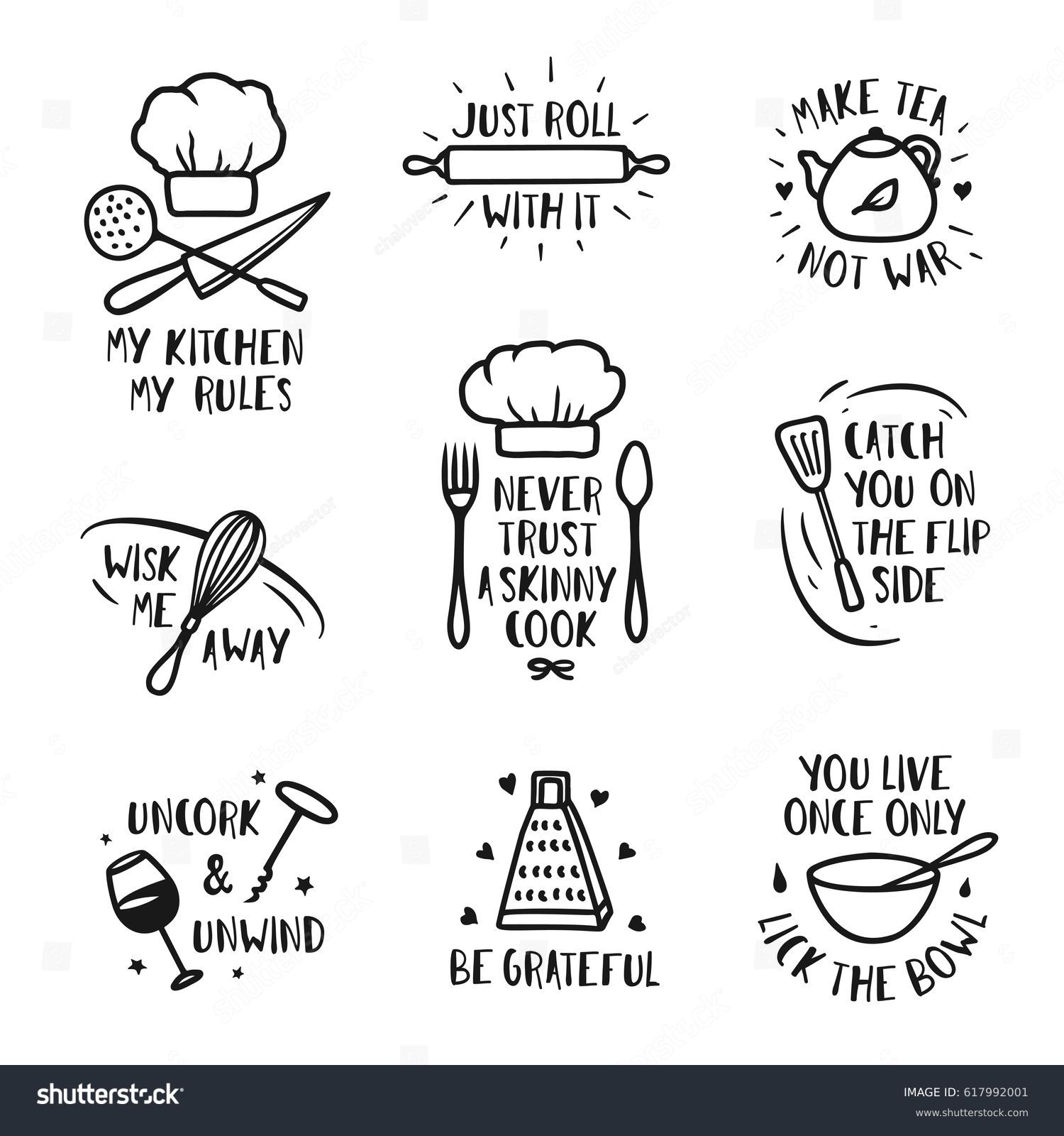 Hand drawn kitchen posters set. Quotes and funny Royalty Free Stock