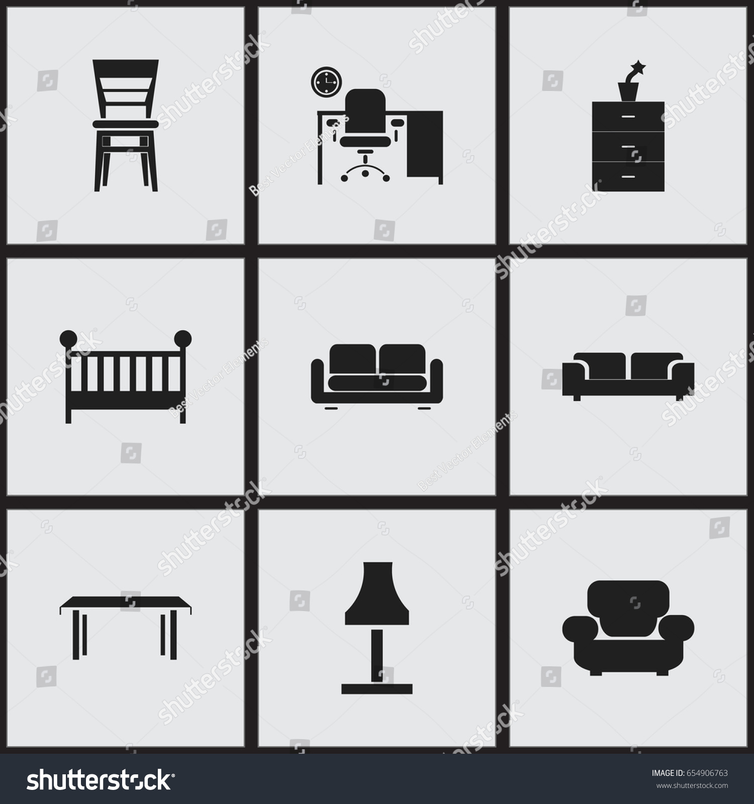 Set Of 9 Editable Interior Icons. Includes Royalty Free Stock Vector 654906763