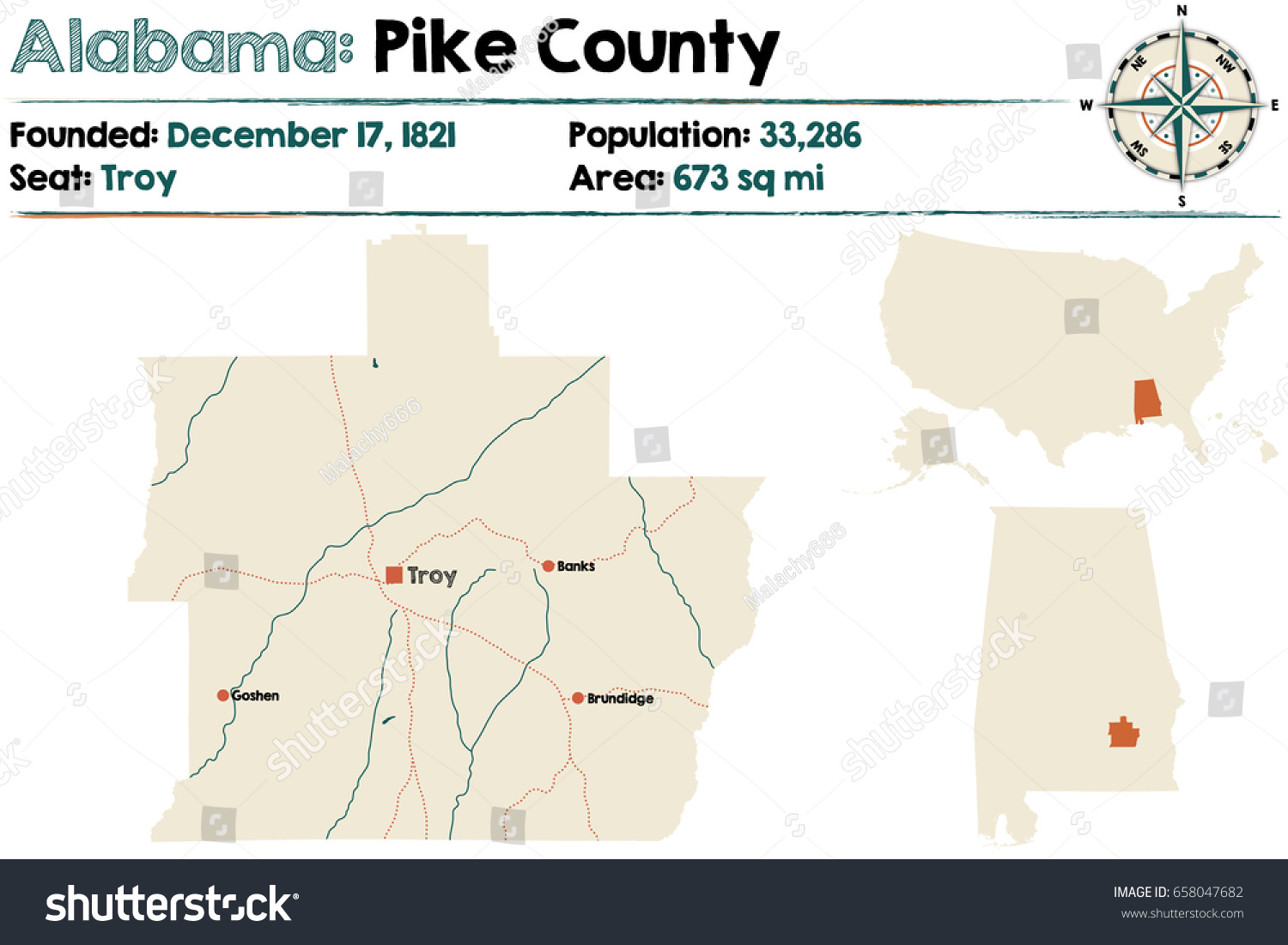 Large and detailed map of Pike County in Alabama Royalty Free Stock