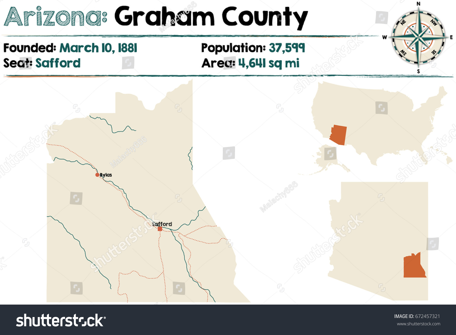 Large and detailed map of Graham county in Royalty Free Stock Vector