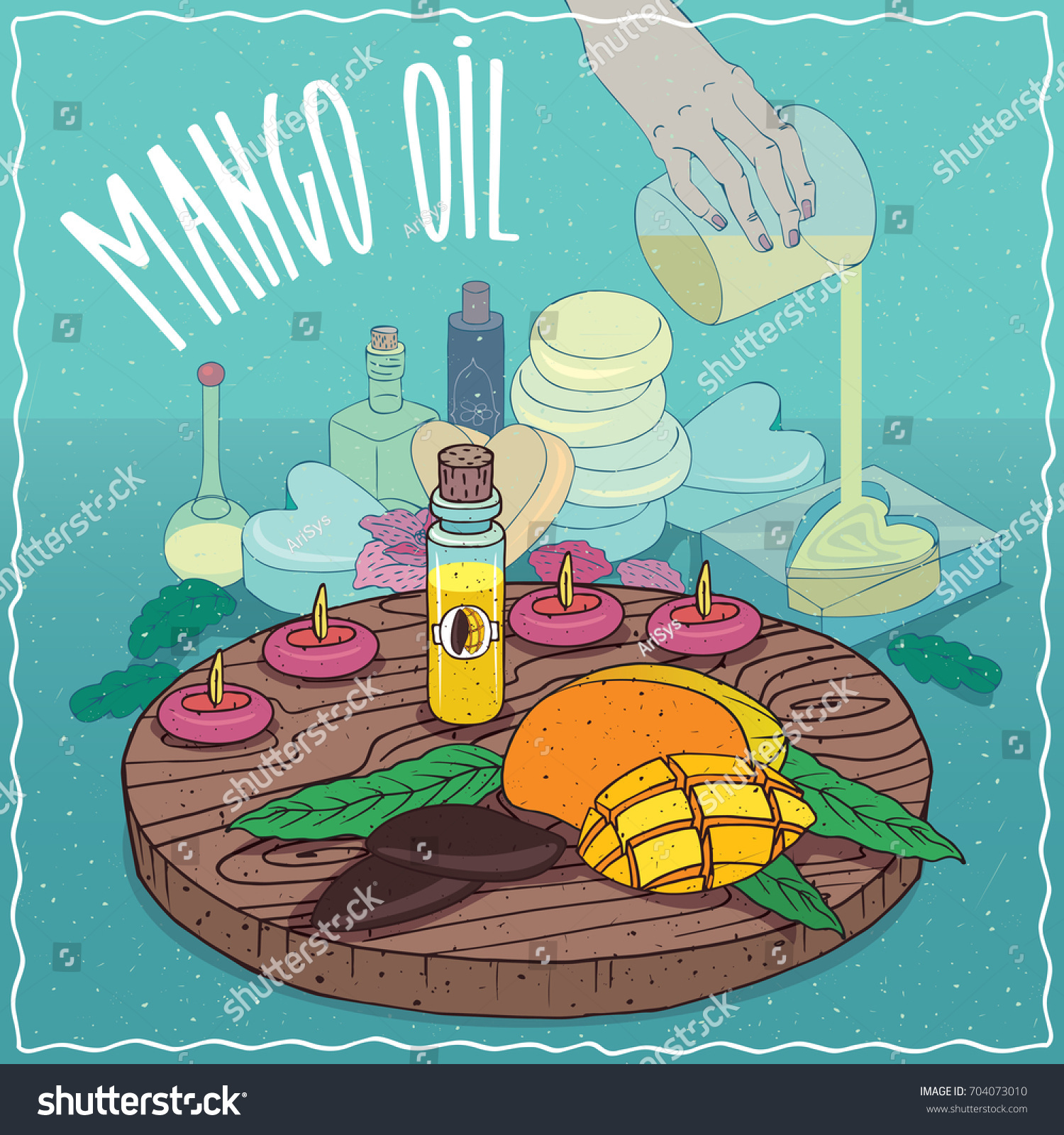 Glass Vial of Mango seed oil and fruits and Royalty Free Stock Vector