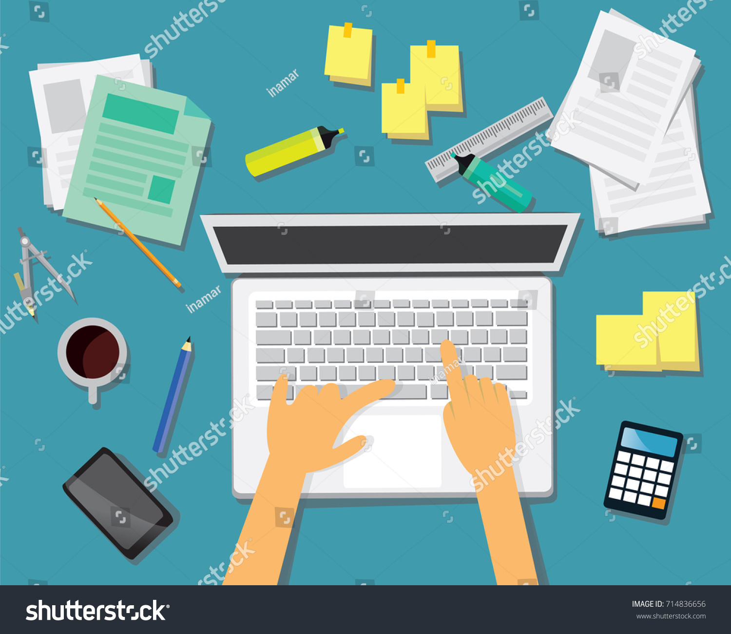 Vector illustration. Top view work desk business Royalty Free Stock