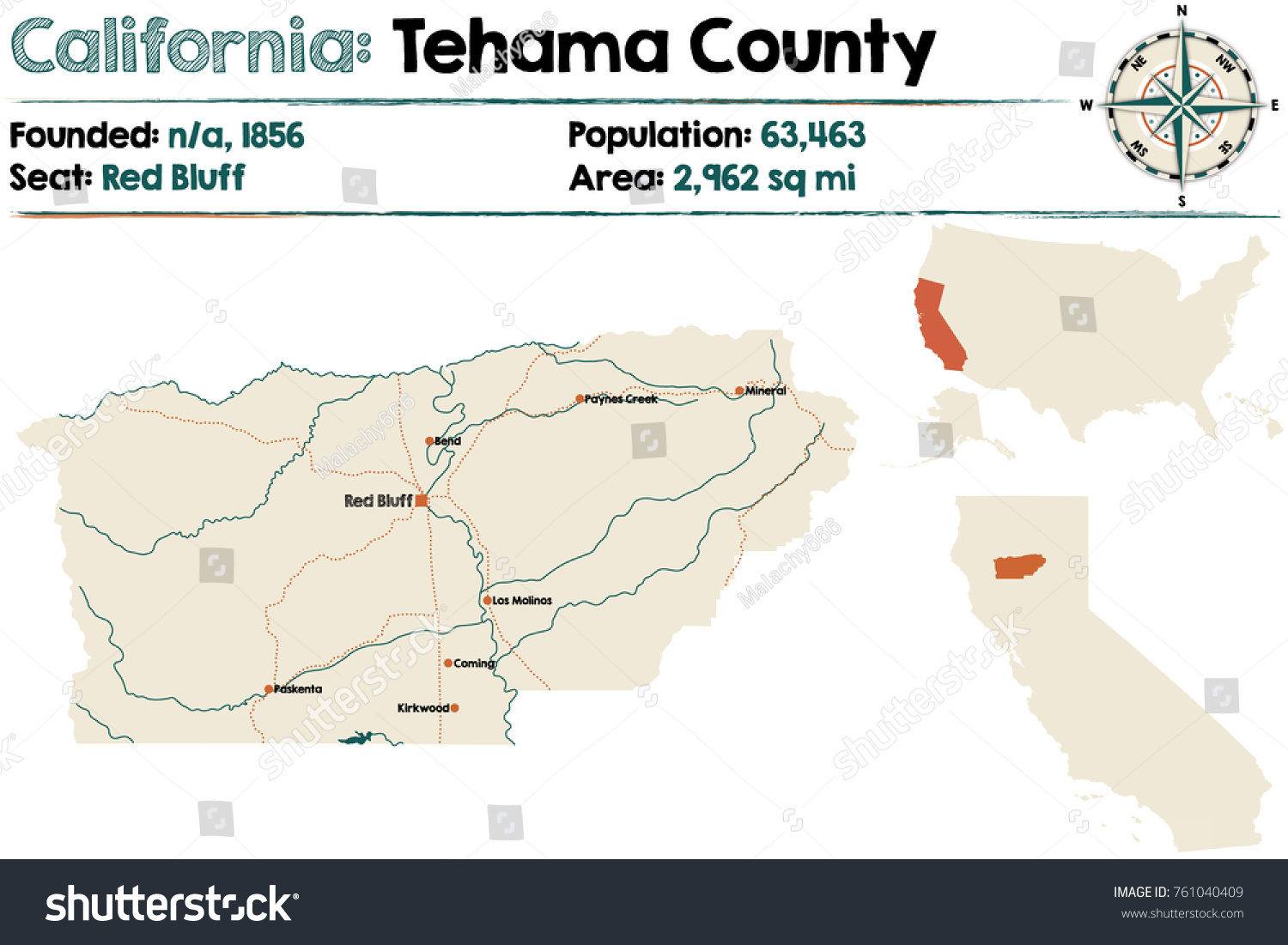 Large and detailed map of Tehama county in Royalty Free Stock Vector