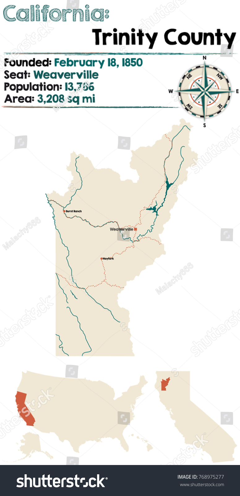 Large and detailed map of Trinity County, Royalty Free Stock Vector