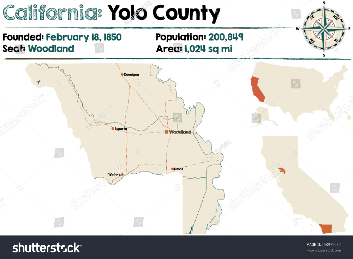 Large and detailed map of Yolo County, Royalty Free Stock Vector
