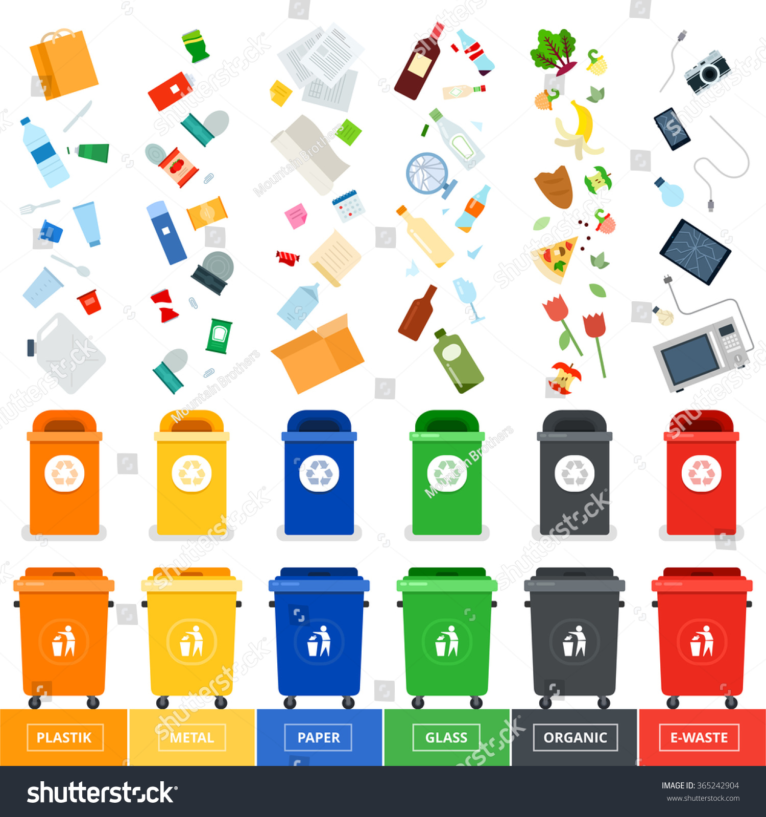 Garbage Cans Vector Flat Illustrations. Many Garbage Cans With Sorted